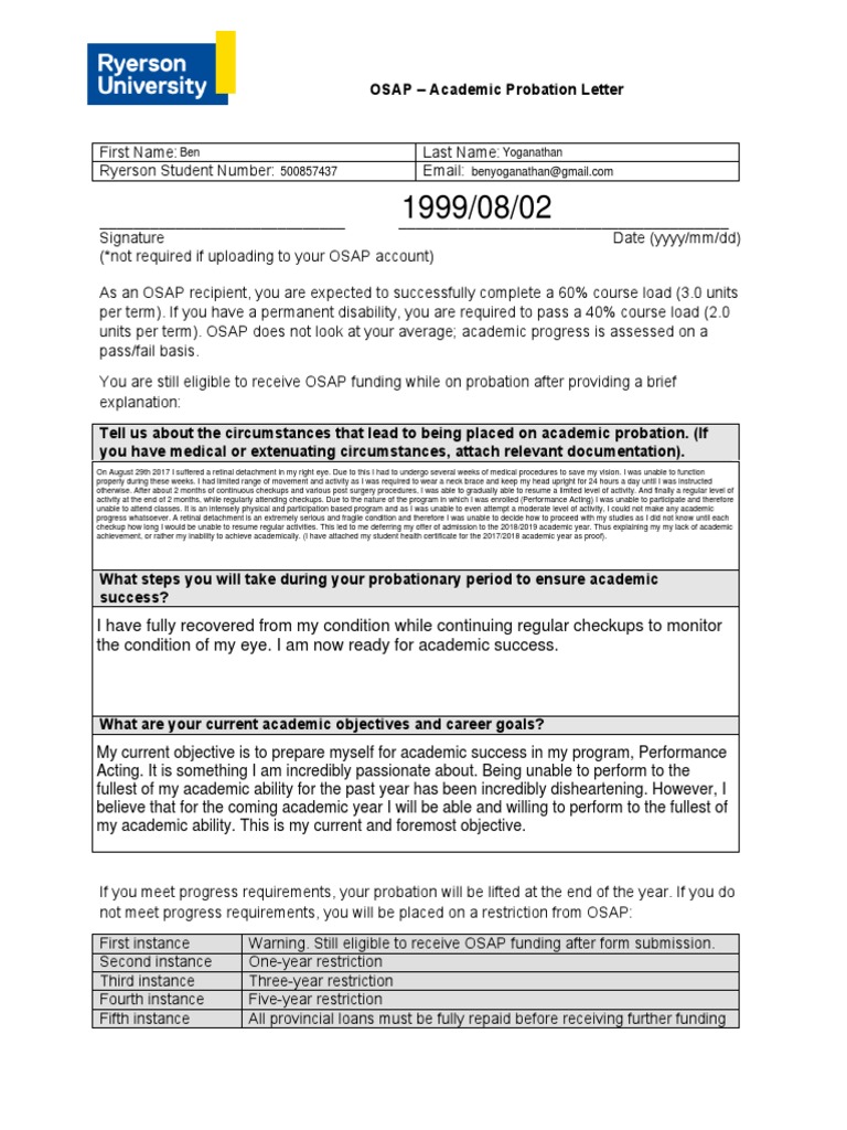 How To Write A Probation Letter For Osap