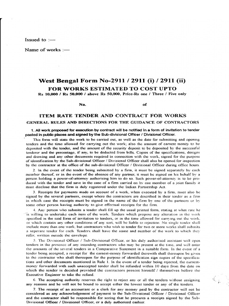 Item Rate Tender and Contract for Works General Rules and Directions