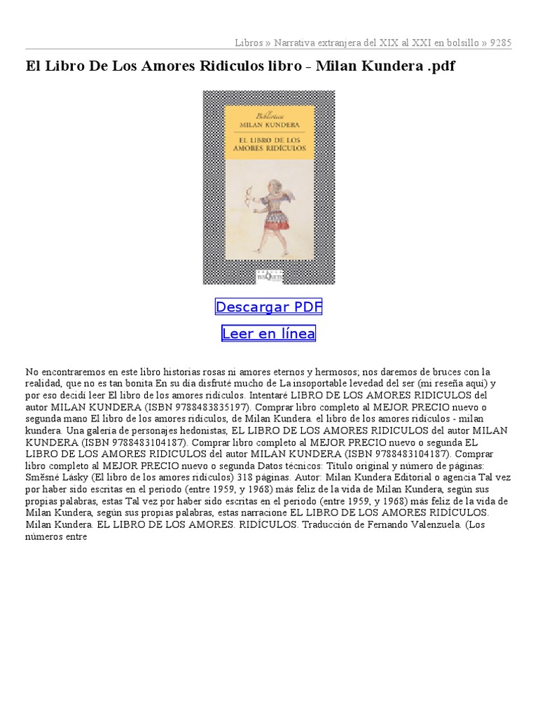 El Libro De Los Amores Ridiculos libro Milan Kundera .pdf Descargar PDF Leer en línea