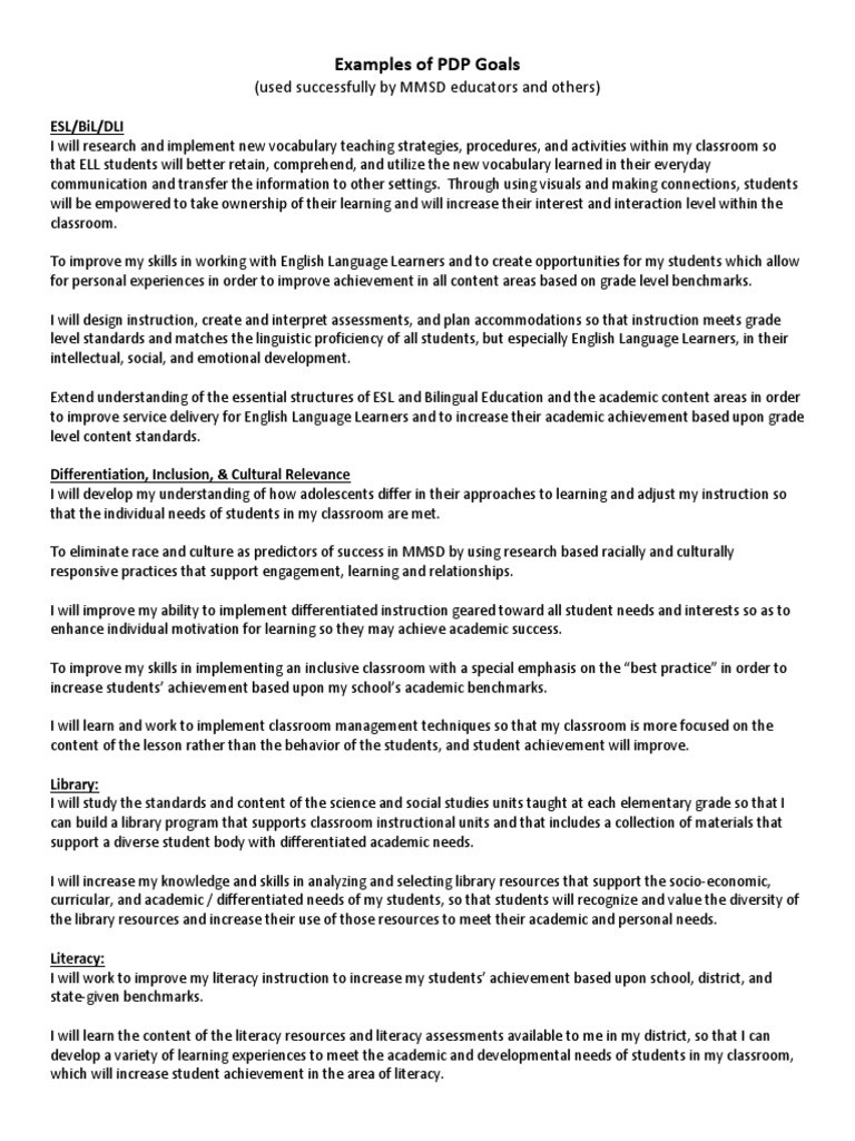 Examples of PDP Goals PDF Teaching Educational Psychology
