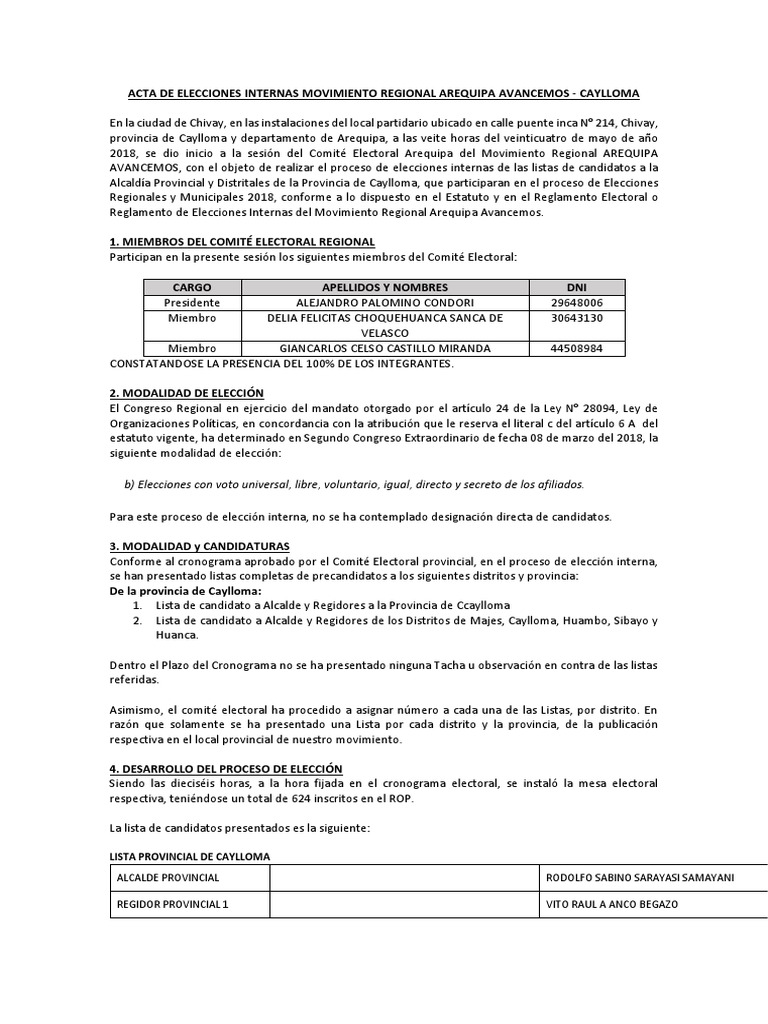 Acta de Elecciones Internas PDF Elecciones Elección primaria