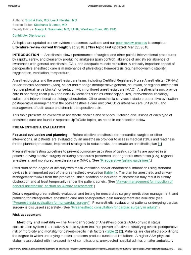 Overview of Anesthesia UpToDate PDF Anesthesia Surgery