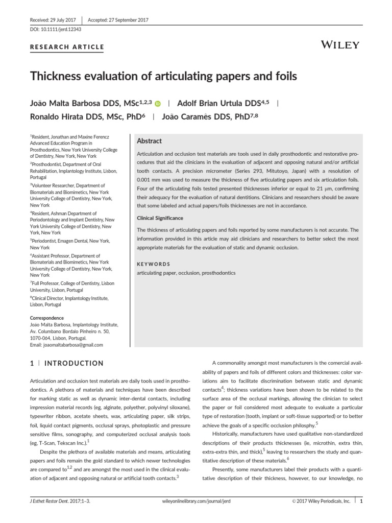 Thickness Evaluation of Articulating Papers and Foils PDF Dental
