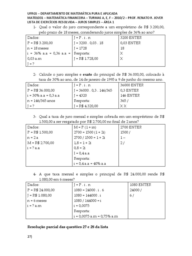 Lista de Exercícios: Juros Simples | PDF | Juros | Distribuição da ...