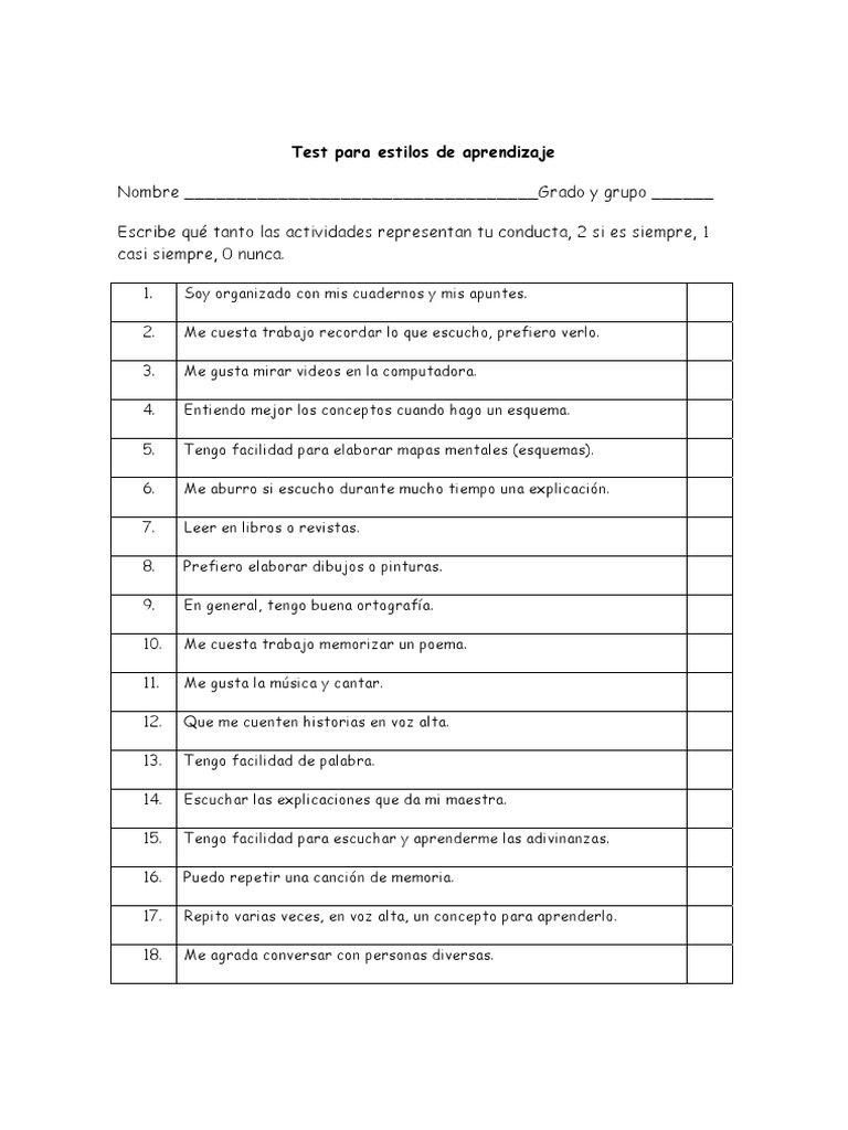 Test VAK de Estilos de Aprendizaje | PDF | Aprendizaje | Cognición