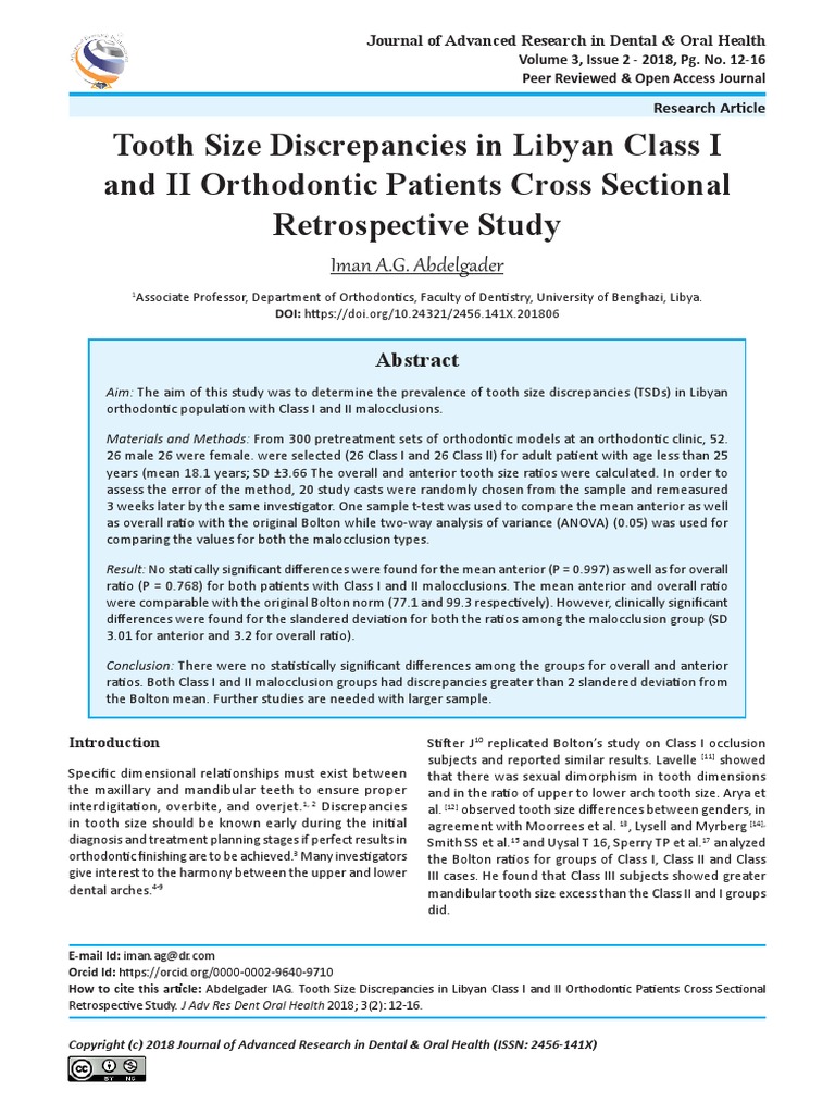 Tooth Size Discrepancies In Libyan Class I And Ii - 