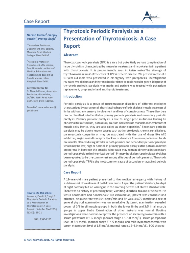 Thyrotoxic Periodic Paralysis As A Presentation Of Thyrotoxicosis A