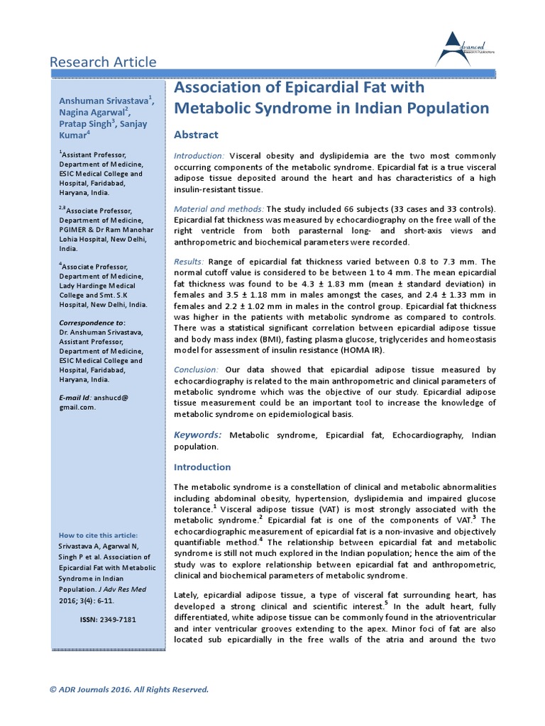Association of Epicardial Fat With Metabolic Syndrome in Indian ...