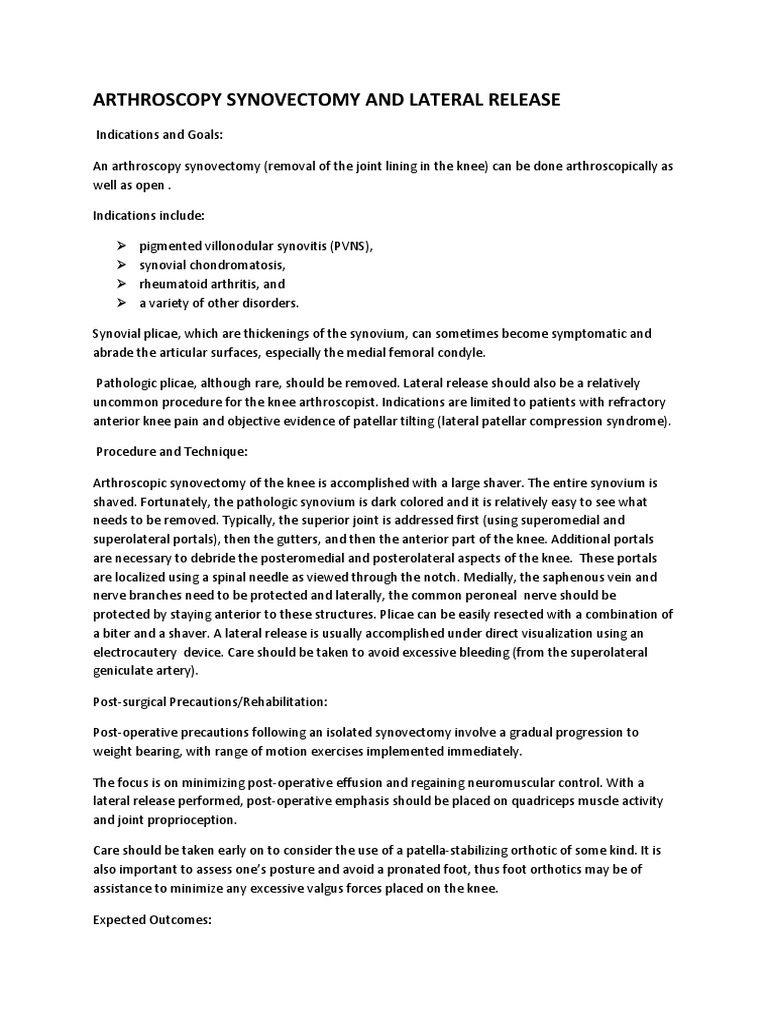 Arthroscopic Knee Synovectomy and Lateral Release Indications