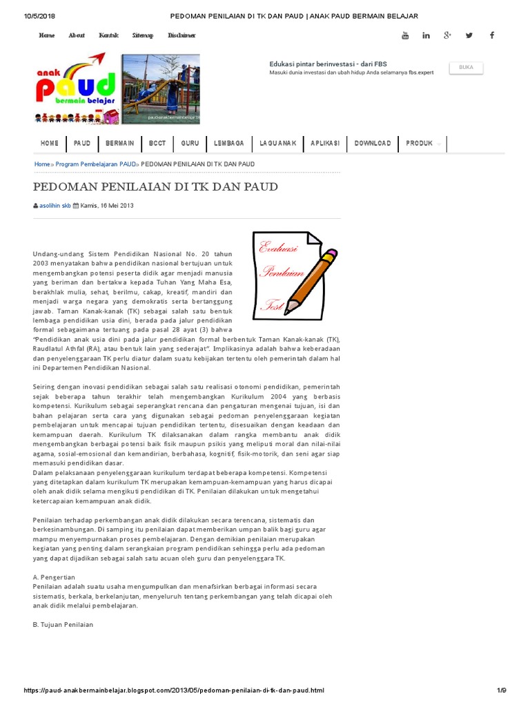 Pedoman Penilaian Di TK Dan Paud - Anak Paud Bermain Belajar PDF | PDF