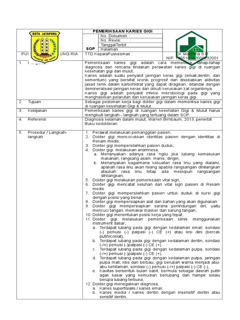 Sop Pemeriksaan Karies Gigi