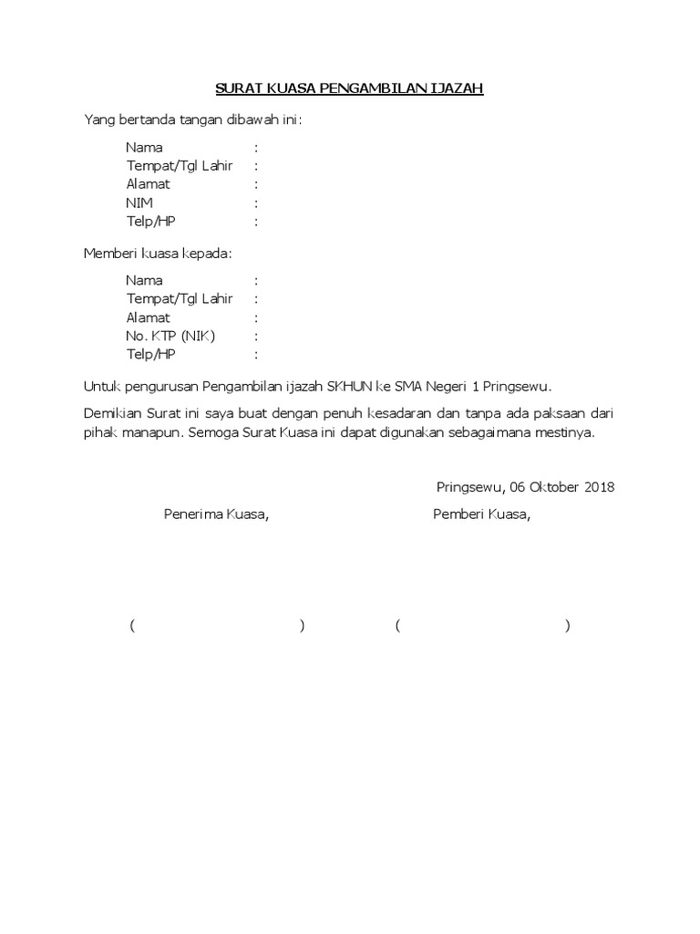 Contoh Surat Kuasa Pengambilan Ijazah Simak Gambar Berikut