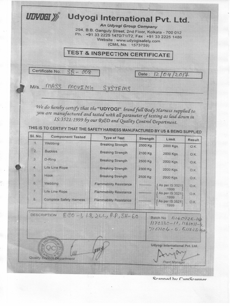 Safety Belt Test Certificate PDF