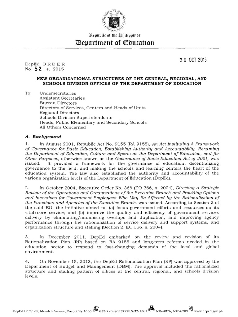 DO - s2015 - 52 (Organizational Structure of DepEd) PDF | PDF