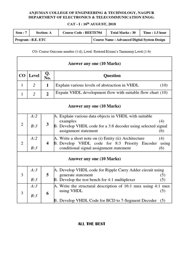 Question Paper Format | PDF | Vhdl | Electronics