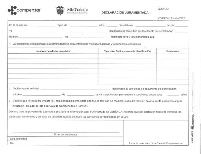 Declaracion juramentada compensar
