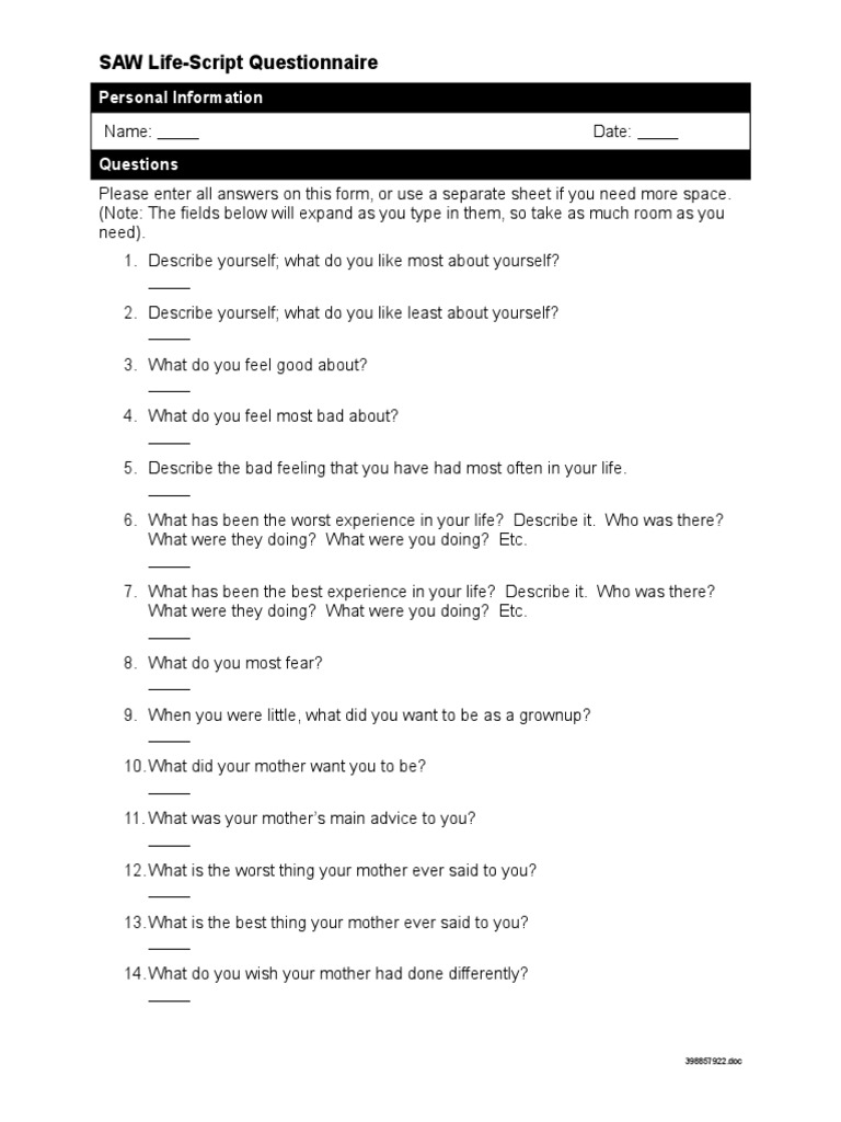 Life Script Questionnaire PDF Questionnaire