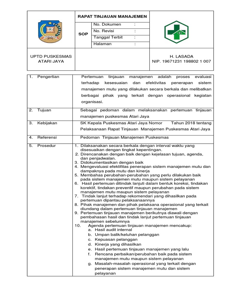 SOP Rapat Tinjauan Manajemen Puskesmas | PDF
