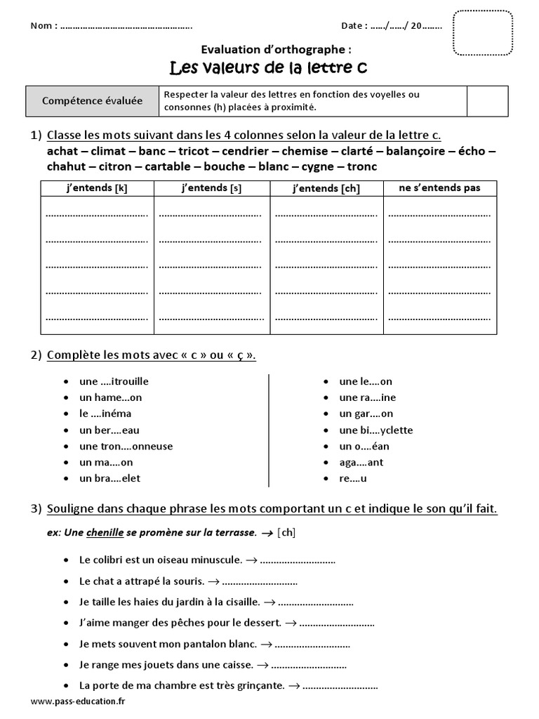 Exercices Orthographe Ce2 à Imprimer Valeurs de La Lettre C Ce2 Bilan À Imprimer | PDF