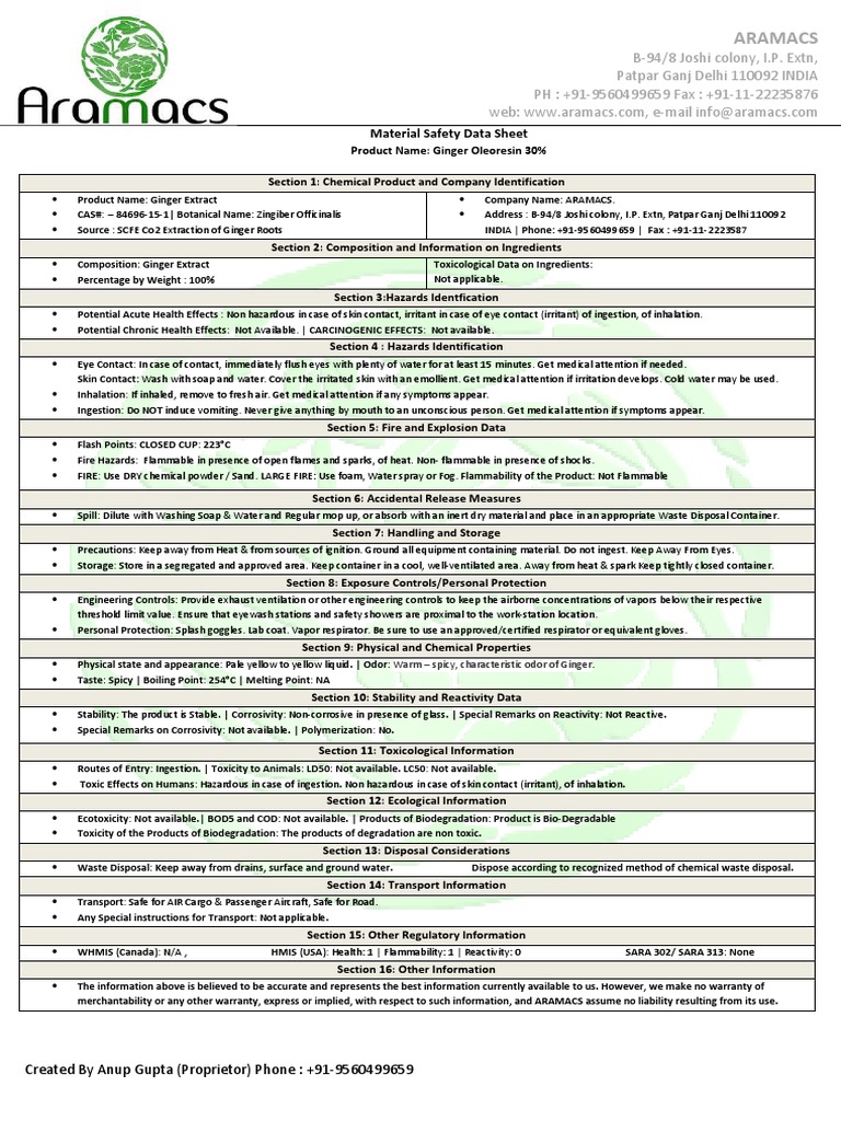 Ginger Extract Msds PDF Download Free PDF Toxicity Odor