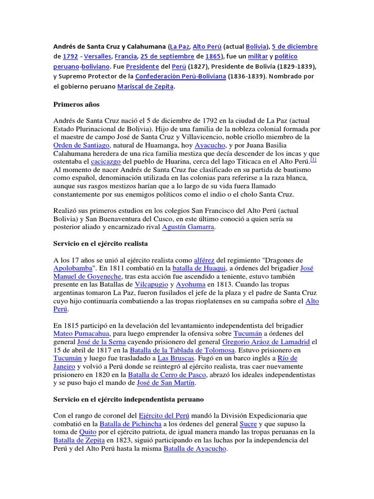 Biografía de Andrés de Santa Cruz | PDF | América del Sur | Conflicto ...
