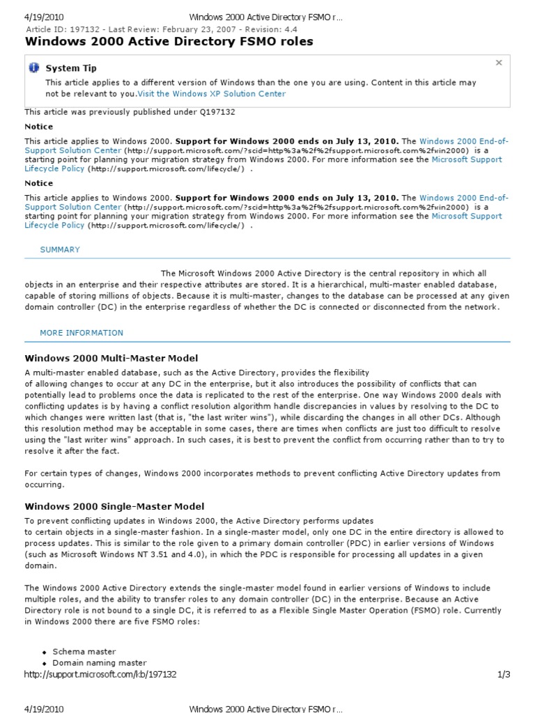 Windows 2000 Active Directory FSMO Roles | PDF | Active Directory ...
