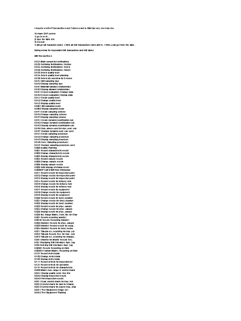 Transactions and Tables Used in QM | PDF | Specification (Technical ...