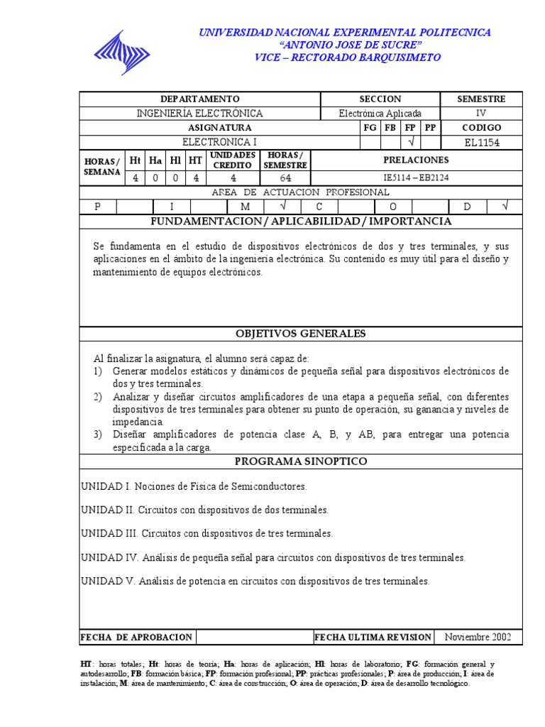 Programa Electronica I Unexpo | PDF | Electrónica | Transistor