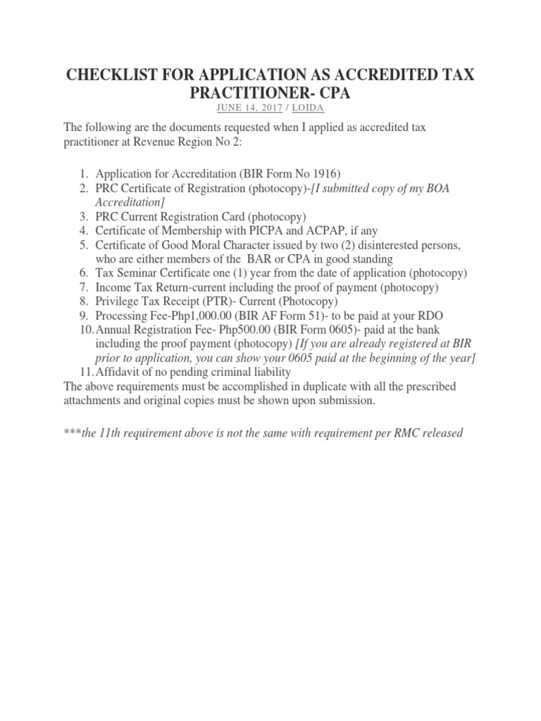 Checklist For Application As Accredited Tax Practitioner PDF