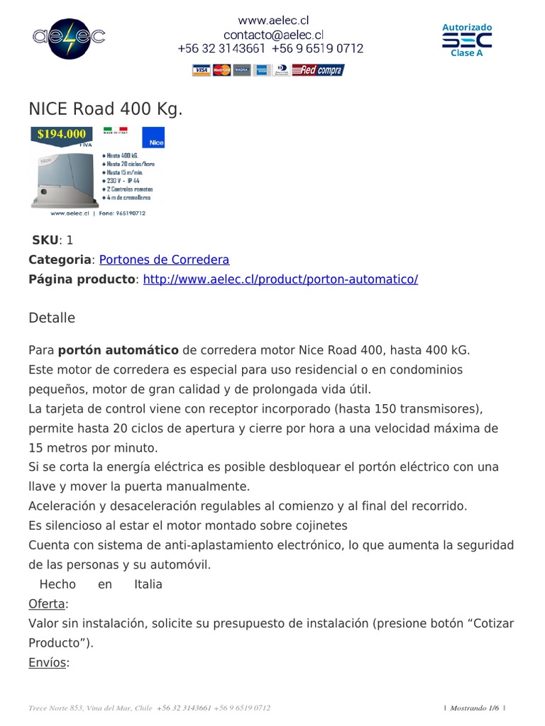 Motor Nice Road 400 para Portones PDF Chile — free download