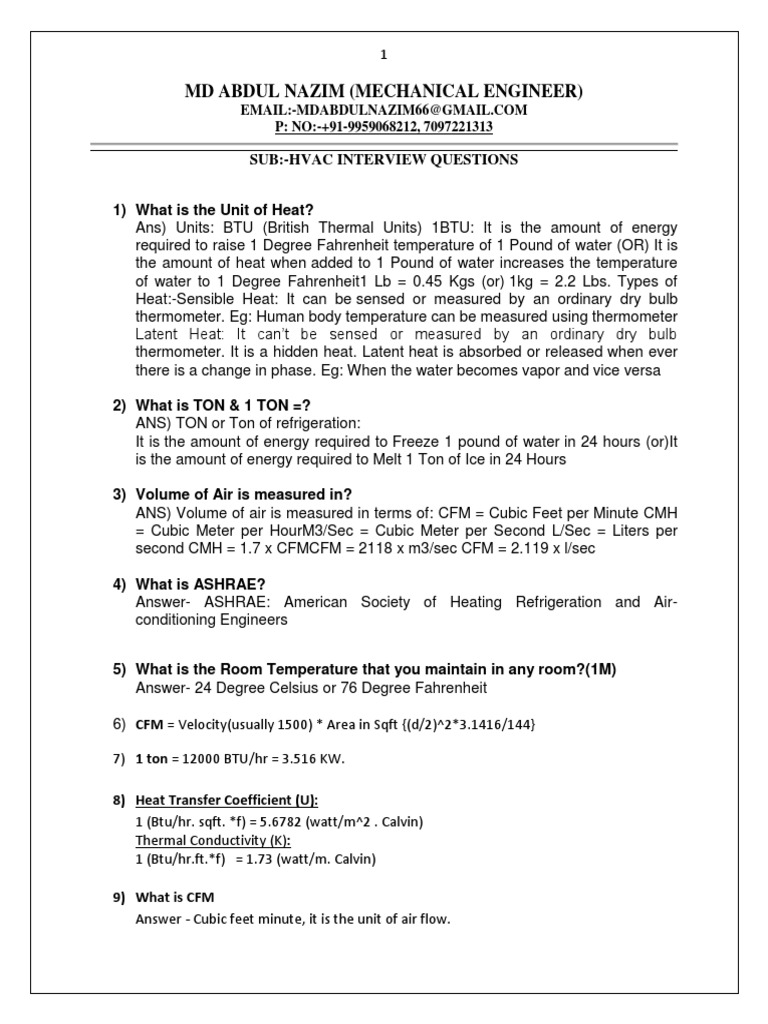 HVAC Engineer Interview 70 Question & Answers Hvac British Thermal Unit
