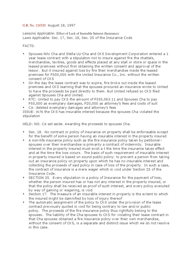Spouses Cha Vs CA PDF | PDF | Insurance | Lease