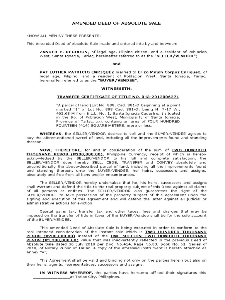 Amended Deed Of Sale Government Information Private Law