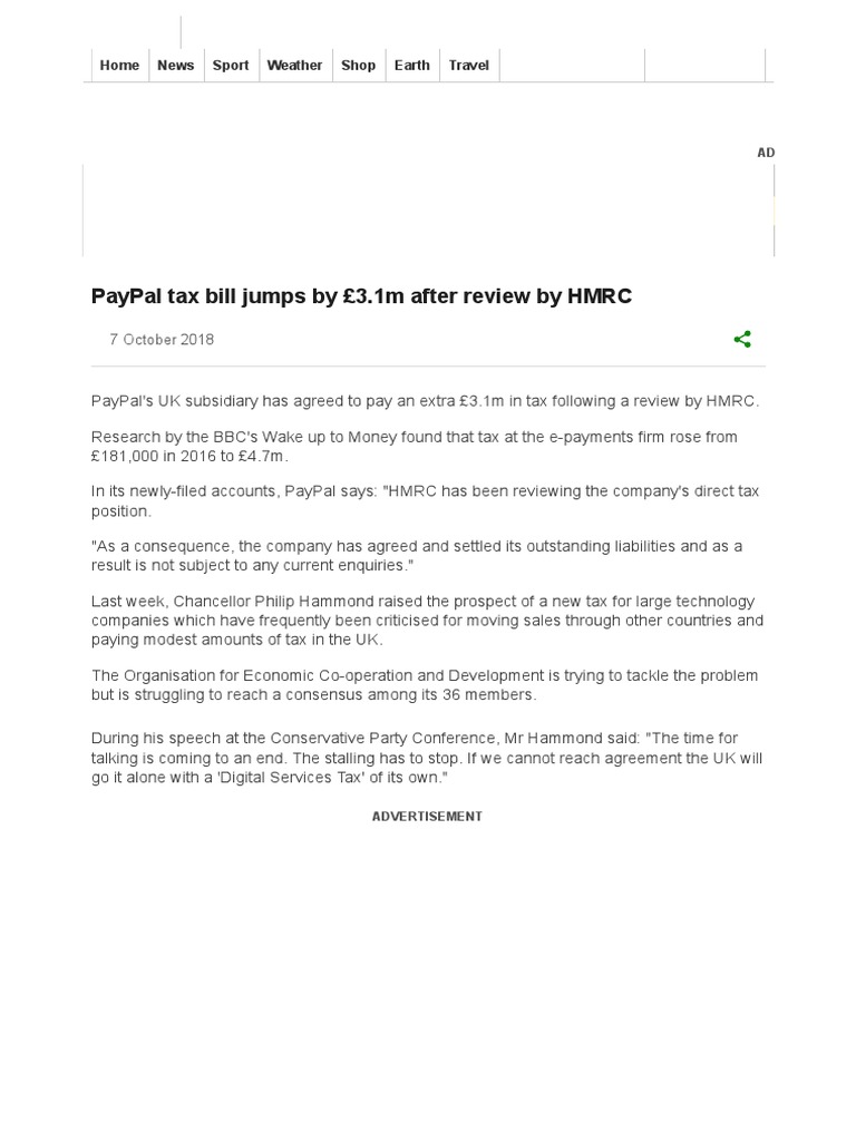 PayPal Tax Bill Jumps by 3.1m After Review by HMRC BBC News PDF Pay Pal Bbc