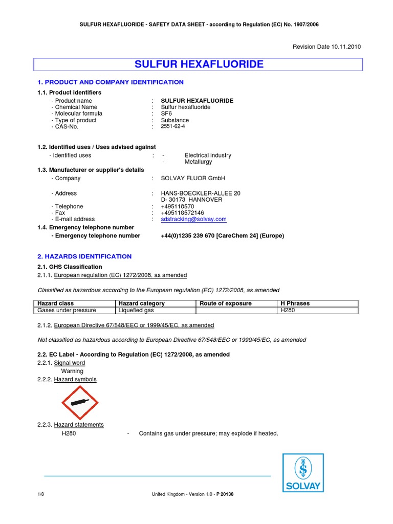 Sulfur Hexafluoride Safety Data Sheet PDF Toxicity Sulfur