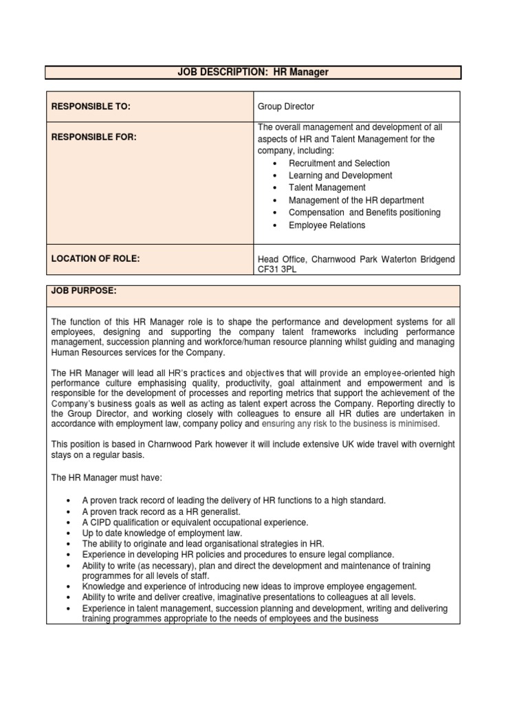 HR Manager Job Description | PDF | Human Resources | Competence (Human  Resources)