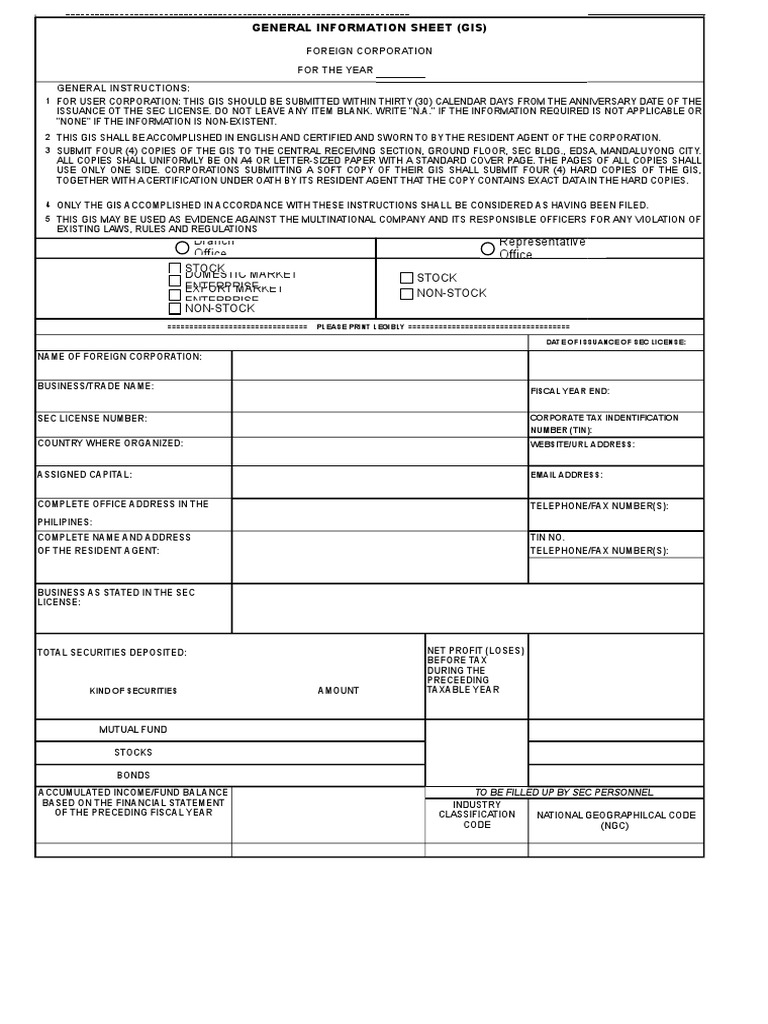 Branch Office Representative Office General Information Sheet (Gis