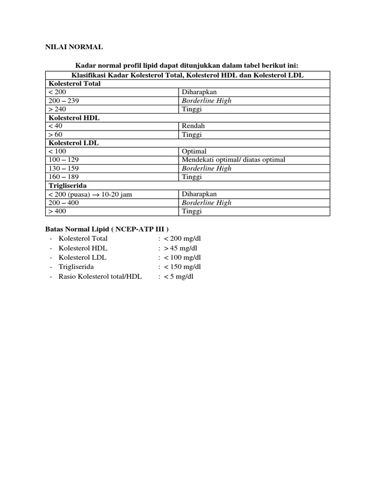 Nilai normal pemeriksaan kolesterol serum ldl dan hdl pdf