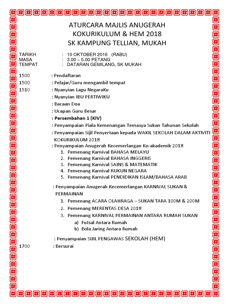 Aturcara Majlis Anugerah Kecemerlangan Kk 2018