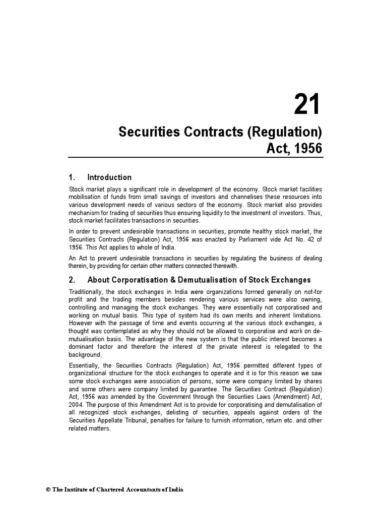 Securities Contracts (Regulation) Act, 1956: © The Institute of Chartered  Accountants of India | PDF | Securities (Finance) | Derivative (Finance)
