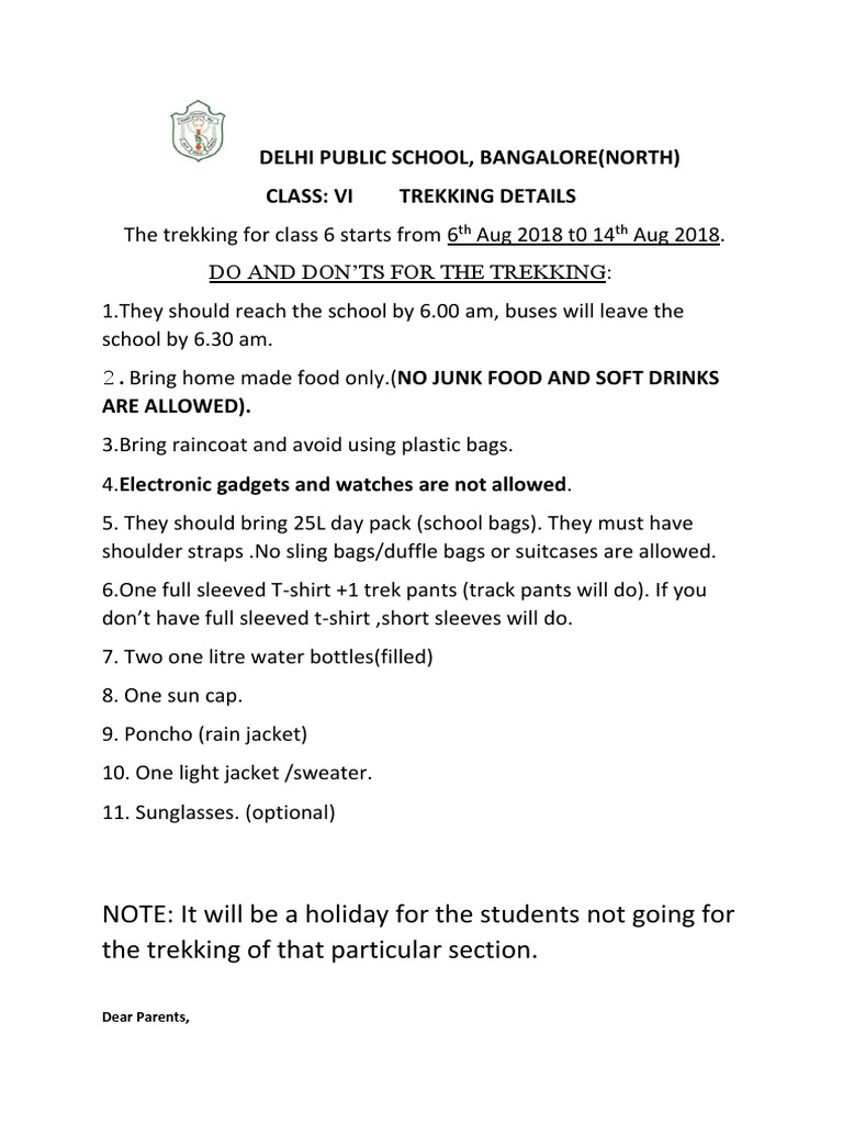Trekking Guidelines for Class VI Students | PDF
