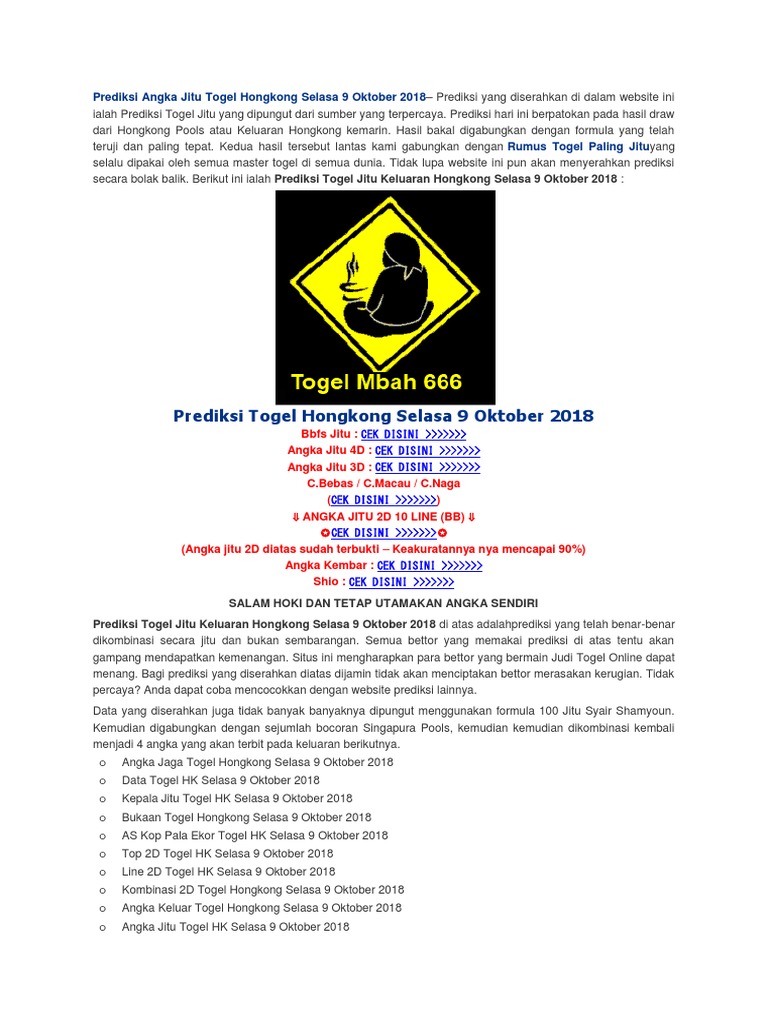 Prediksi Angka Jitu Togel Hongkong Selasa 9 Oktober 2018 Pdf