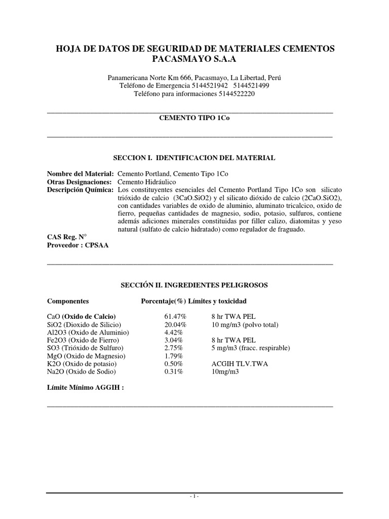 MSDS CEMENTO PACASMAYO TIPO ICo(1) | Quemar | Cemento