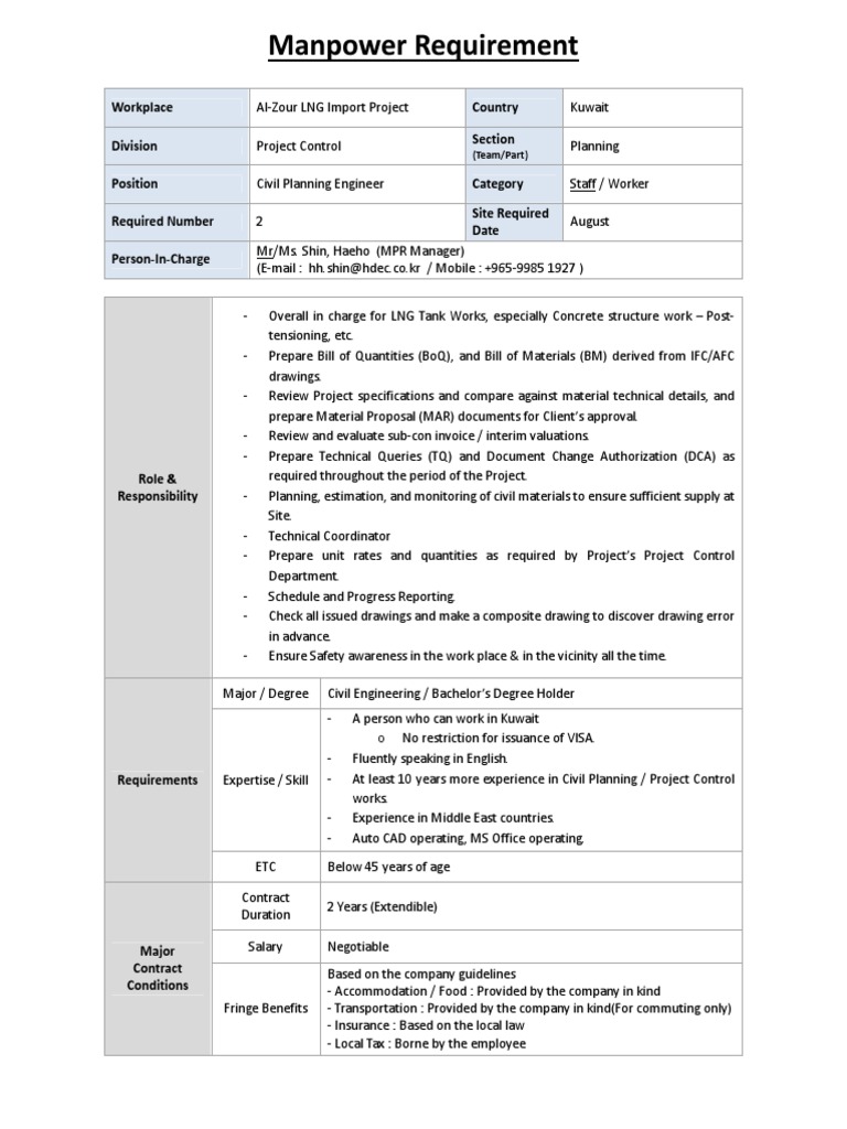 Project Planning Engineer Roles and Requirements for Civil Works on Al