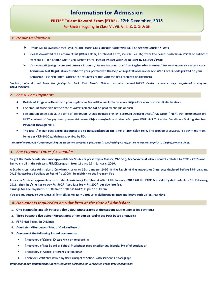Nformation For Dmission: FIITJEE Talent Reward Exam (FTRE) | PDF ...