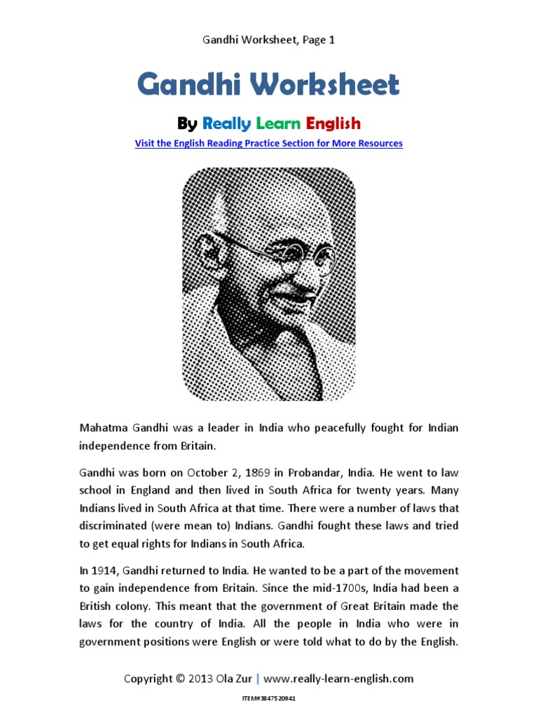 Worksheet Mahatma Gandhi | Mahatma Gandhi | Question