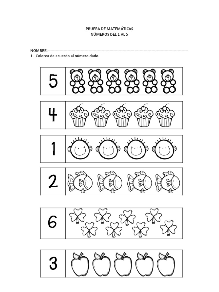 Prueba De Matematicas Numeros Del 1 Al 5