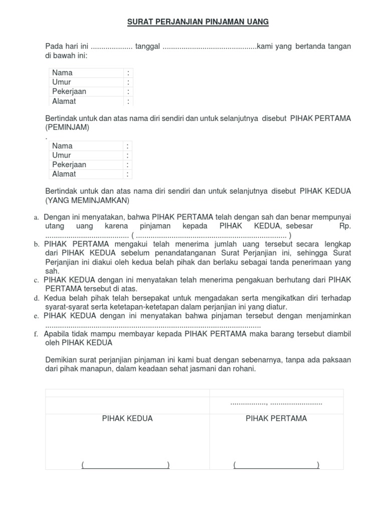Contoh Surat Perjanjian Pinjaman Uang | PDF | Pengelolaan Keuangan & Uang