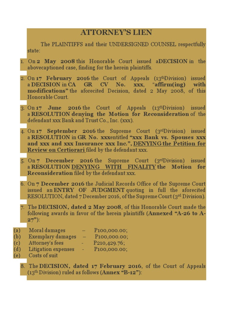 Attorney's Lien Sample PDF Separation Of Powers Lawsuit