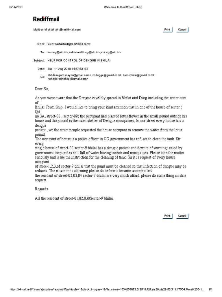 Dengue Complaint from Bhilai Residents | PDF | Diseases And Disorders ...